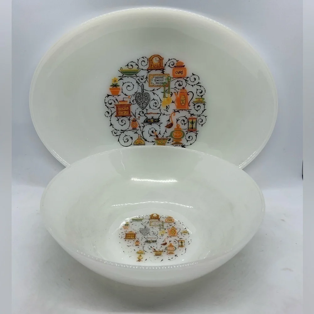 Vntg Anchor Hocking Homestead Home Sweet Home Serving Platter & Serving Bowl